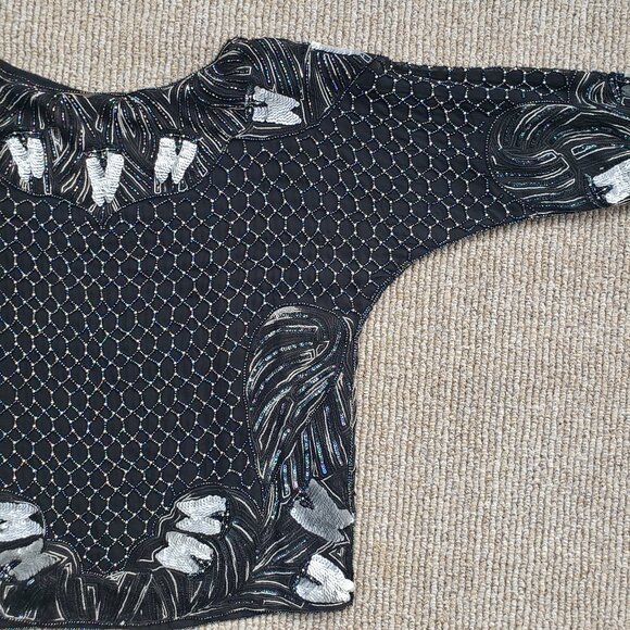 Heavily Beaded Sequined Silk Blouse Women's Small Black - Picture 6 of 16